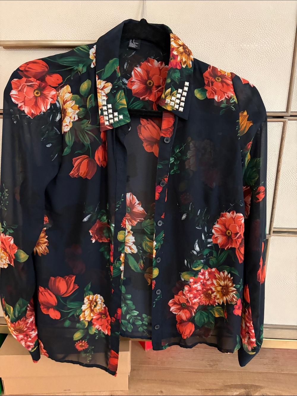 Forever 21 Black Sheer Floral Button-Down Shirt with Studded Collar
